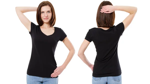 Brunette Girl Black Tshirt Isolated Front Rear Mock Copy Space — стокове фото