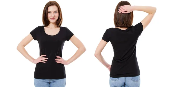 Młoda Piękna Seksowna Dziewczyna Czarnej Koszuli Przodu Tyłu Gotowy Projektu — Zdjęcie stockowe