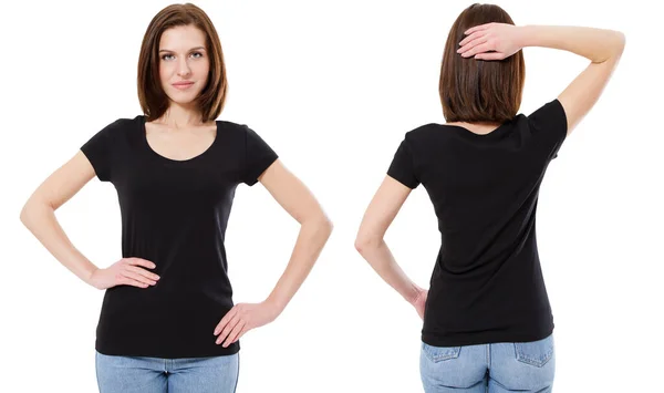 Brunette Woman Black Tshirt Isolated Front Rear Mock — Stock Photo, Image