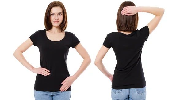 Bella Ragazza Nero Shirt Anteriore Posteriore Vista Isolata Bianco Shirt — Foto Stock