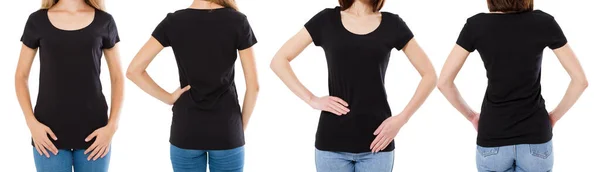 Duas Mulheres Shirt Preta Imagem Recortada Vista Frontal Traseira Shirt — Fotografia de Stock