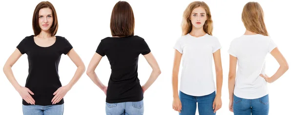 Conjunto Camisetas Vista Frontal Trasera Morena Rubia Camiseta Blanca Negra —  Fotos de Stock