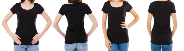 黒のTシャツを着た2人の女性 トリミングされた画像フロントとリアビュー Tシャツセット モックアップTシャツブランク — ストック写真