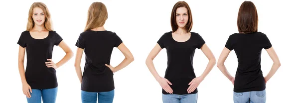 Tシャツセット 白を基調としたブラックのTシャツにフロントとリアのブルネットとブロンド 空のシャツの2人の女の子 モックアップ コラージュ コピースペース テンプレート — ストック写真