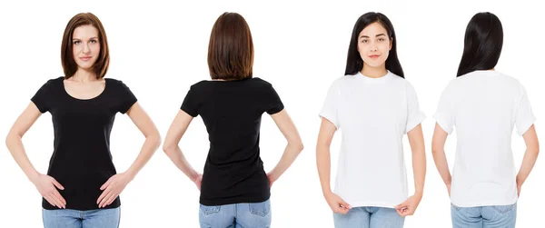 Asiatico Caucasico Donna Bianco Bianco Nero Shirt Anteriore Posteriore Vista — Foto Stock