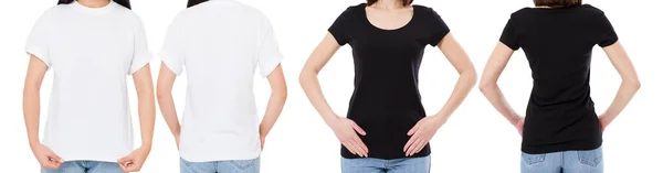 Γυναίκα Λευκό Και Μαύρο Μπλουζάκι Απομονωμένη Μπροστά Και Πίσω Όψη — Φωτογραφία Αρχείου