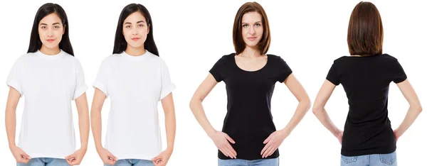 白と黒のTシャツを着たアジア人と白人女性 表と裏の景色 モックアップ デザインテンプレート — ストック写真