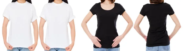 Kobieta Białym Czarnym Shirt Izolowane Przód Tył Widoki Przycięte Obraz — Zdjęcie stockowe