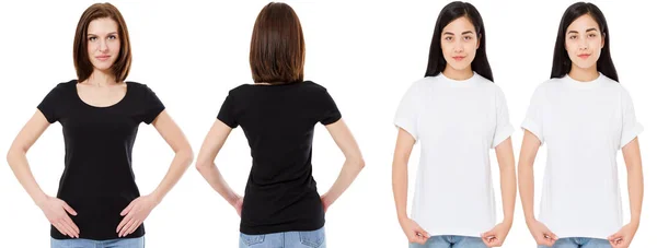 Asiática Caucasiana Mulher Branco Branco Preto Shirt Frente Verso Vistas — Fotografia de Stock