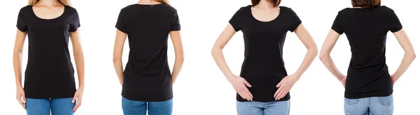 黒のTシャツを着た2人の女性 トリミングされた画像フロントとリアビュー Tシャツセット モックアップTシャツブランク — ストック写真
