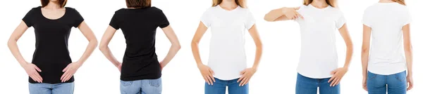 Woman White Black Shirt Isolated Front Rear Views Cropped Image — Stock Photo, Image