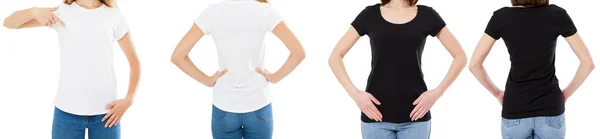 白と黒のTシャツで女性隔離されたフロントとリアビュートリミングされた画像ブランクTシャツオプション Tシャツセットの女の子 モックアップ シャツデザインと人のコンセプト — ストック写真