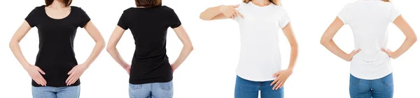 白と黒のTシャツで女性隔離されたフロントとリアビュートリミングされた画像ブランクTシャツオプション Tシャツセットの女の子 モックアップ シャツデザインと人のコンセプト — ストック写真