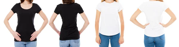 Kobieta Białym Czarnym Shirt Izolowane Przód Tył Widoki Przycięte Obraz — Zdjęcie stockowe