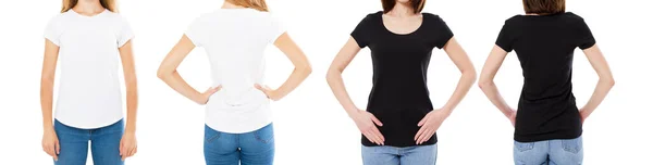 Frau Weißem Und Schwarzem Shirt Isolated Front Und Rückansichten Ausgeschnittenes — Stockfoto
