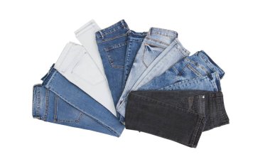 Kot pantolon seti beyaz arka planda izole edilmiş ve kopyalama alanı var. Üst manzara ve giysi modeli. Erkek kadın pantolon kolajı izole edildi.