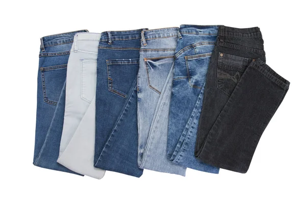 Jeans Denim Set Geïsoleerd Witte Achtergrond Met Kopieerruimte Top Uitzicht — Stockfoto