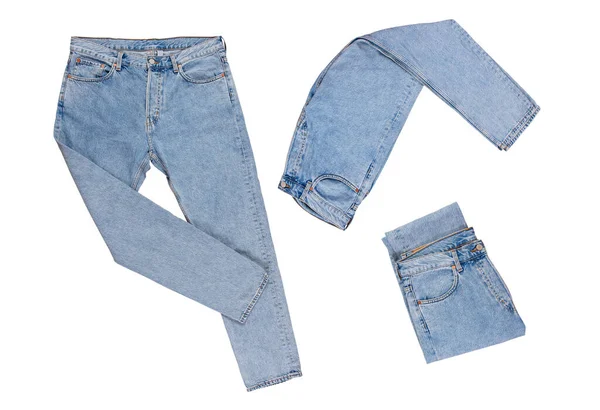 Džínové Kalhoty Složené Narovnané Složené Napůl Izolované Bílém Pozadí — Stock fotografie