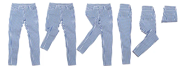 Pruhované Kalhoty Rozložené Složené Složenýma Nohama Atd Letní Koláž Kalhot — Stock fotografie