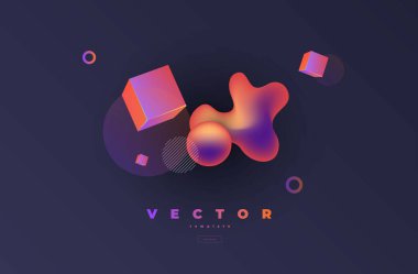 Siyah arkaplanda uçan geometrik parlak çokrenkli şekiller kümesi