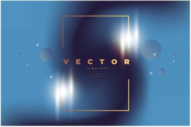Altın dikdörtgen çerçeveli koyu renk vektör pankartı ve bulanık siyah ve mavi arka planda parlayan
