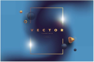 Bulanık koyu mavi arkaplanda altın çerçeveli, ışıltılı ve uçan hacimli vektör düzeni