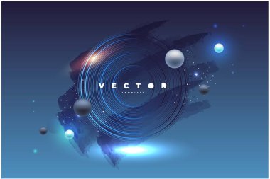 Daireler, uçan toplar ve parlayan yıldızlarla gelecekteki koyu mavi vektör arkaplanı 