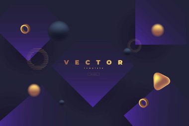 Uçan toplar ve diğer geometrik şekillerle fütürist koyu mavi arkaplan 