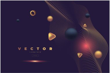 Uçan hacimli geometrik şekilli koyu fütüristik şablon siyah ve altın renkler ve ışıl ışıl