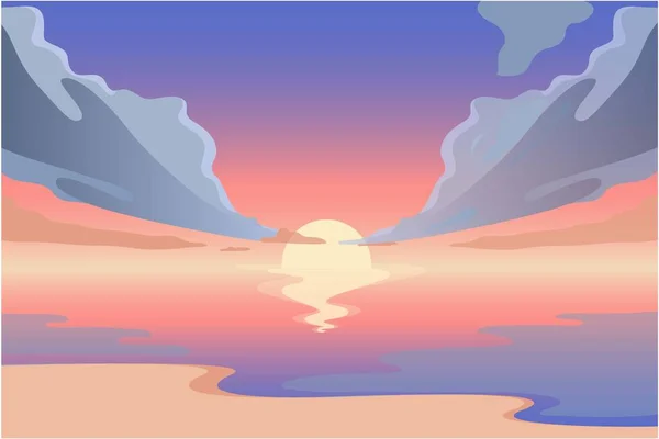 Mer Paysage Multicolore Avec Coucher Soleil Nuages Sur Ciel Côte — Image vectorielle