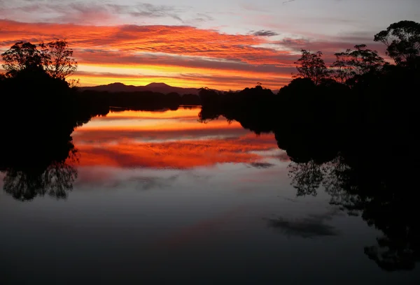 L'Australie. Coucher de soleil rouge sang avec rivière et bois d'eucalyptus . — Photo