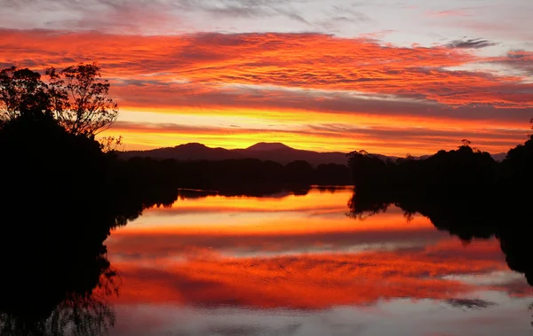 Australia. Blood-red sundown with river and eucalyptus wood. — Stock Photo, Image