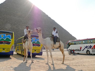 Egyptian pyramid closeup. Two unknown men, Egyptian police in the form of riding a camel close-up. Parked tourist buses and a motorcycle near the pyramid. clipart