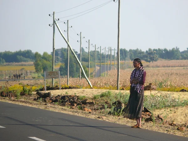 HAMUSIT, ETHIPIA - 24 de noviembre de 2008: Una mujer desconocida de pie en la carretera de Hamusit, Etiopía - 24 de noviembre de 2008. Camino. Paisaje naturaleza alrededor . —  Fotos de Stock