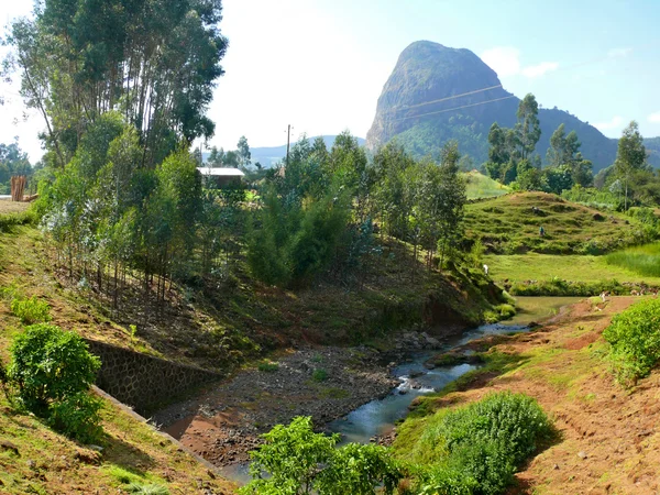 Natureza paisagem montanhosa etíope. O rio no vale . — Fotografia de Stock