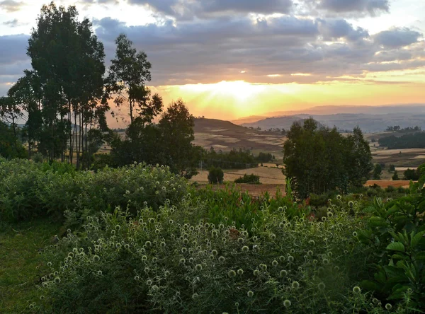 Mountain landscape. Cloudy sky illuminated by the sunset. Africa, Ethiopia. — Stock Photo, Image