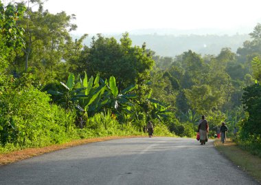 Mega, Etiyopya - 25 Kasım 2008: Ekvator orman. yol closeup ormanda. Eve dönerken yabancı köylüler gitmek.