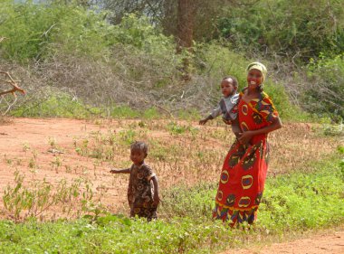 marsabit, kenya - 27 Kasım 2008: iki yabancı çocuklu kabile tsonga gelen bilinmeyen bir kadın. doğa manzara arka planda.