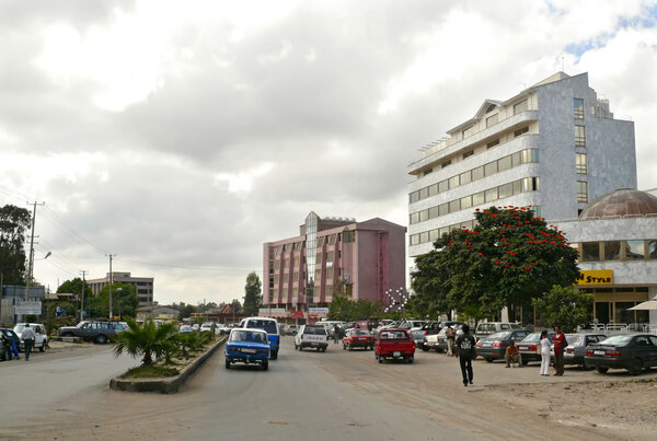 ADDIS ABABA, ETHIOPIA - NOVEMBER 25, 2008: Downtown. Urban road 