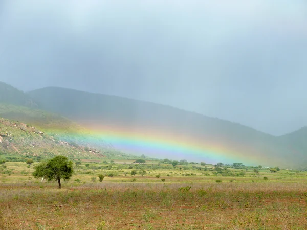 Regenzeit. Regenbogen auf den Boden. Tansania, Afrika. — Stockfoto