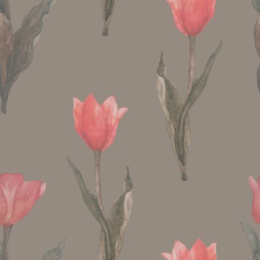 Kusursuz pembe lalelerin bej arka planda yeşil yapraklı desenleri