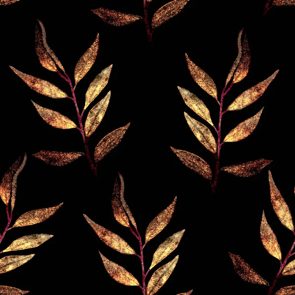 Seamless Pattern Golden Red Leaves Black Background — 图库照片