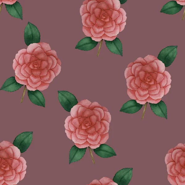 Koyu pembe arka planda kusursuz kırmızı kamelya deseni.