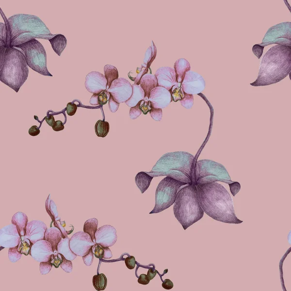 Açık pembe arka planda kusursuz orkide deseni.