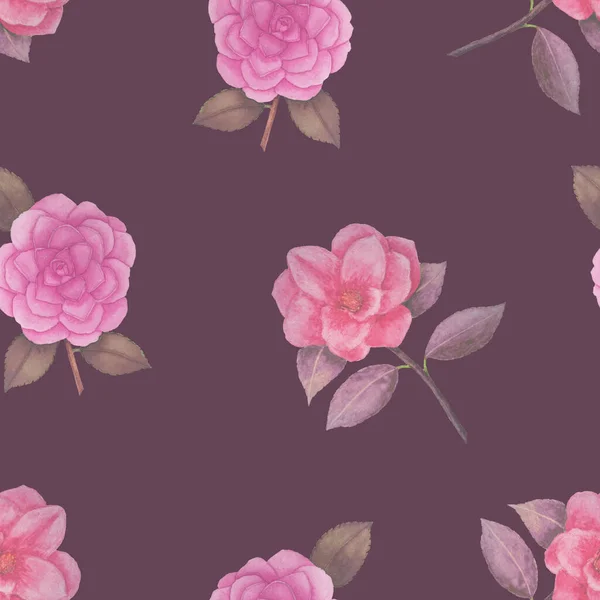 Płynny Wzór Różowych Kamelii Tle Wiśni — Zdjęcie stockowe