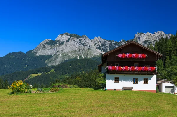 Traditional alpine house with white walls and red flowers Royalty Free Stock Images