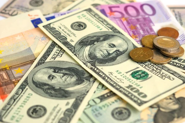 Contesto monetario del dollaro e delle banconote in euro — Foto Stock