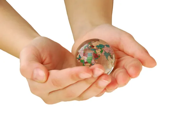 Glass globe in hand, isolated — Stock Photo, Image