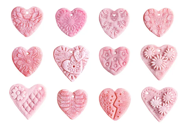 Набір Рожевих Вінтажних Глиняних Сердець Ізольовані Білому Тлі Декор Дня — стокове фото