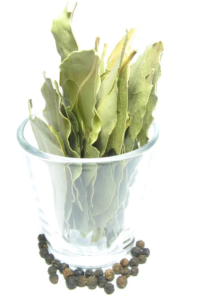Black pepper and bay leaf in a glass — Stock Photo, Image